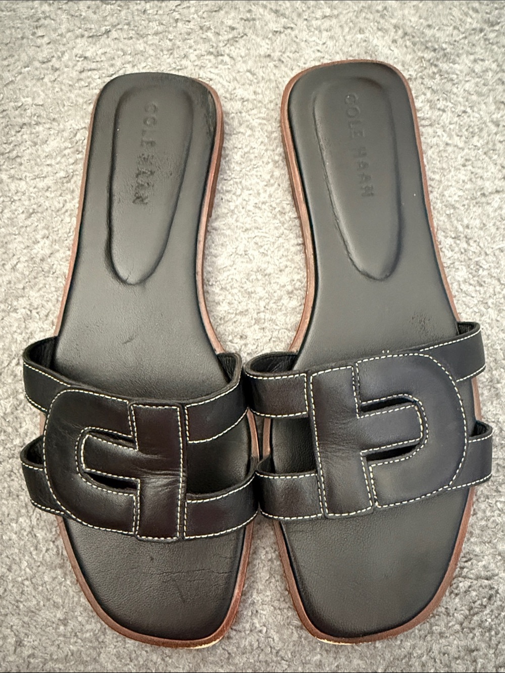 Cole Haan Black Leather Slide Sandals with Contrast Stitching